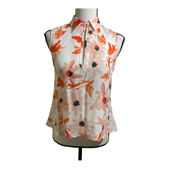 Theory womens silk blouse mandarin  collar floral keyhole sleeveless size P Sm - Picture 7 of 8